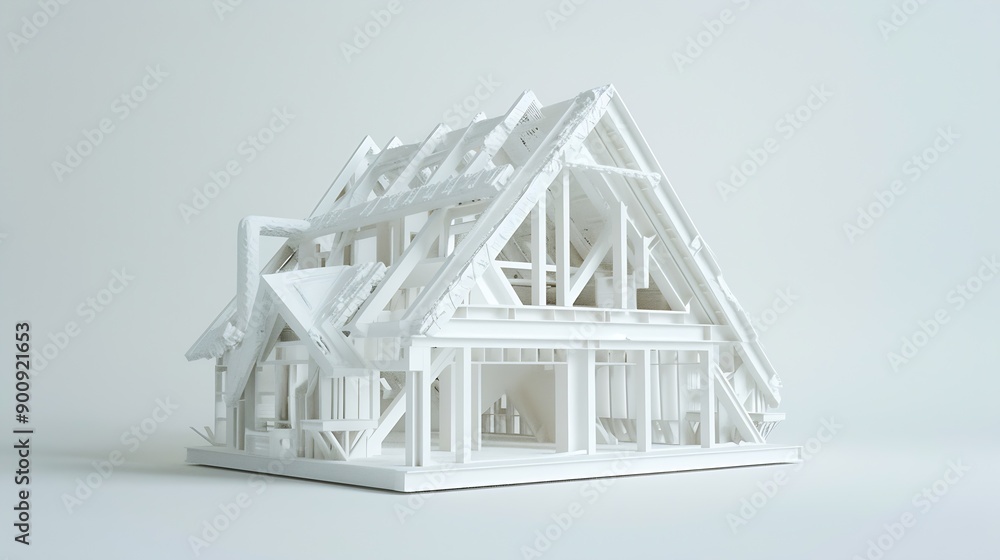 Poster Decomposed house parts floor and roof 3D model printed on a 3D printer with white filament by FDM technology for architectural use : Generative AI
