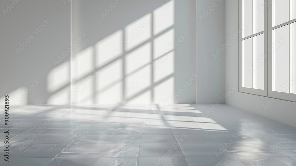 Poster Abstract white studio background for product presentation Empty gray room with shadows of window Display product with blurred backdrop : Generative AI