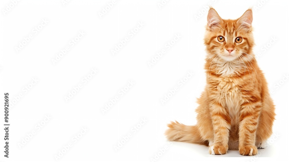Poster A cat with orange fur is sitting on a white background The cat has a curious expression on its face : Generative AI