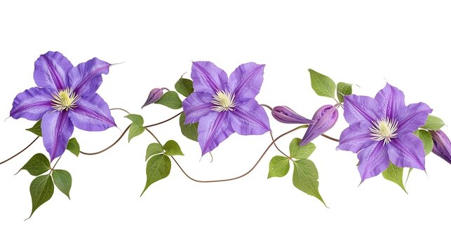 Three purple flowers leaves and buds bouquet isolated on white Blue clematis Jackmanii garland floral arrangementClimber plant branch Violet blooms with four petals : Generative AI