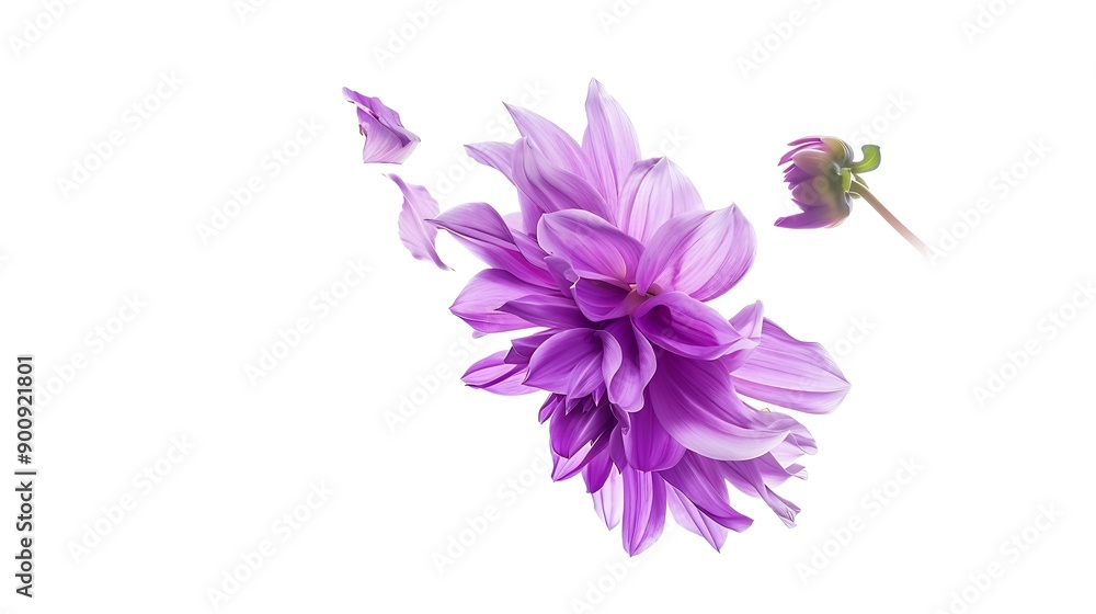 Poster beautiful fresh purple dahlia flower falling in the air isolated on white background levitation or z