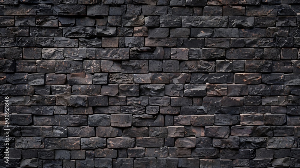 Poster Dark brick wall pattern with chaotic masonry order Background texture or resource for 3d texturing Many bricks in big modern stone wall in full frame : Generative AI