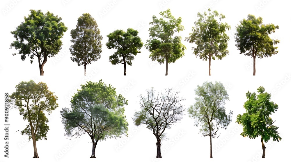 Poster Isolated trees on white background  The collection of trees : Generative AI