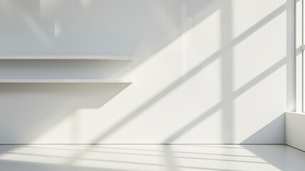 Fototapeta premium modern minimalistic cozy white home interior background white wall with shelves and design wall and floor sunlight beams from window and shadows white background with spotlights : Generative AI