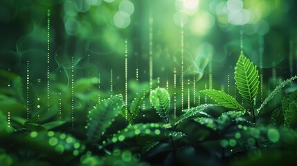 Obraz premium Lush Green Forest with Digital Data Overlay Representing Technology and Nature Integration