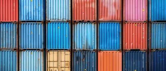 Fototapeta premium Stacked shipping containers at a port, global trade activities, efficient logistics infrastructure