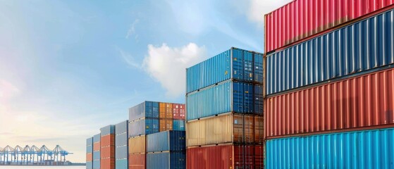 Fototapeta premium Stacked containers at a busy shipping port, illustrating global trade, sophisticated logistics infrastructure