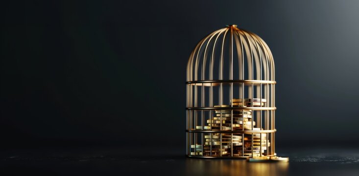 Stack of gold coins trapped within a cage, symbolizing financial confinement and the idea of a money trap, clear depiction
