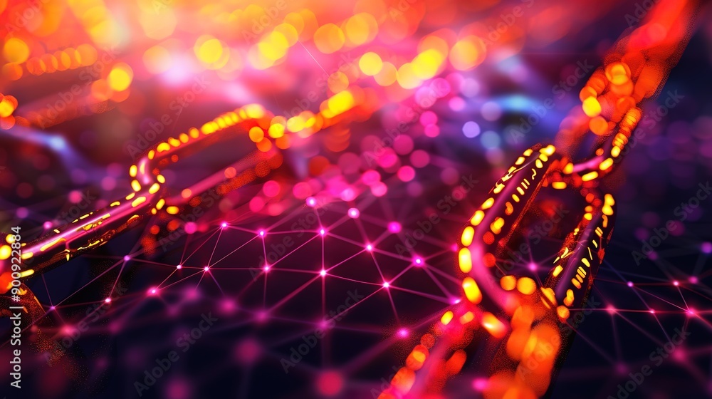 Poster magnificent blockchain technology concept with a chain of encrypted blocks and person in background