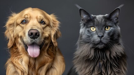 Obraz premium Happy panting Golden retriever dog and blue Maine Coon cat looking at camera Isolated on grey : Generative AI