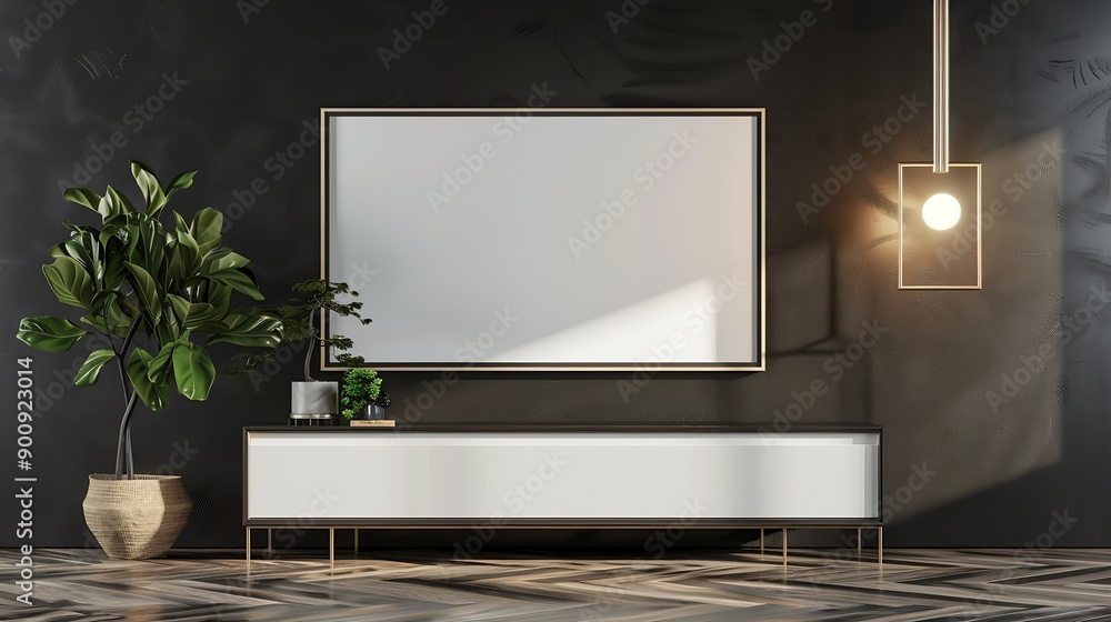 Poster mockup frame on cabinet in living room interior on empty dark wall background3d rendering : generati