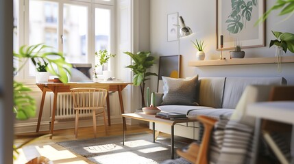 Fototapeta premium Interior of small apartment living room for home office Real estate rent and home staging : Generative AI