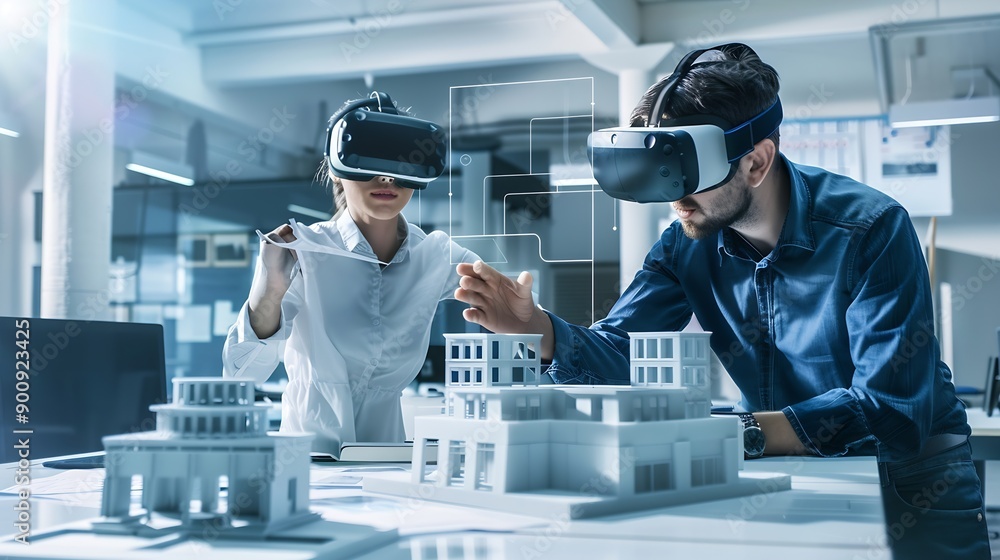Aufkleber technology futuristic virtual reality design team architect or engineer designer wearing vr headset 