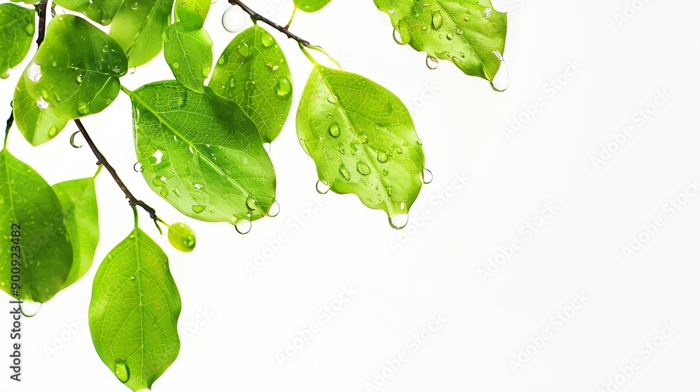 Aufkleber Green leaves branch with drop isolated on white background with clipping path : Generative AI