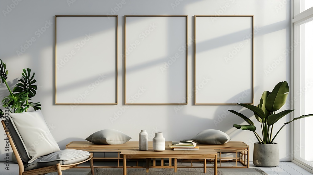 Poster Interior poster mock up with horizontal empty wooden frameScandinavian style3d rendering : Generative AI