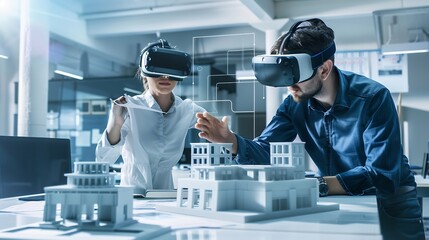 Technology futuristic virtual reality design Team Architect or Engineer designer wearing VR headset for BIM technology working together design 3D model building in office : Generative AI