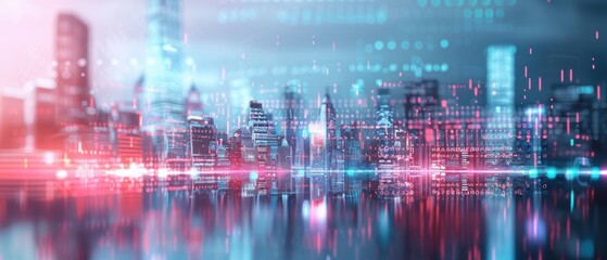 Fototapeta premium Cityscape with digital glitch overlay, representing global software collapse, urban tech crisis