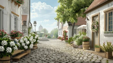 Fototapeta premium Charming cobblestone street lined with quaint shops, surrounded by picturesque European architecture, serene village vibe