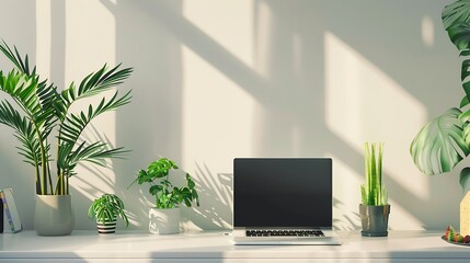 Fototapeta premium Comfortable workplace with modern laptop and houseplants in room Interior design : Generative AI