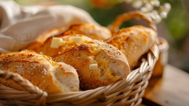 Basket of French bread traditional Brazilian bread with cheese and butter for breakfast : Generative AI
