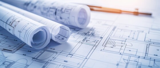 Architect's blueprint with various tools, showcasing intricate design plans and detailed construction elements