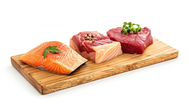 Three types of steaks on wooden table Beef top blade salmon fillet and Turkey breast Organic fish poultry and beef meat Isolated on white background : Generative AI