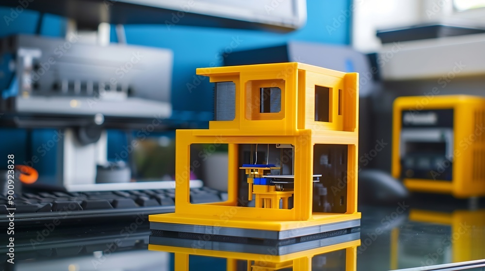 Poster 3d printer printing yellow small house with engineer constructor in background at pc model : generat