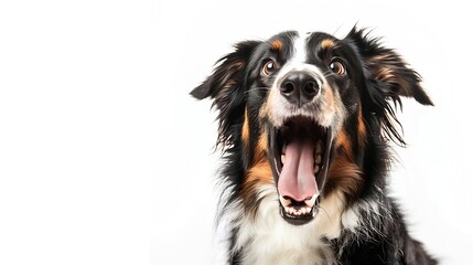 Fototapeta premium Black Tricolor Australian Shepherd panting mouth open and looking at the camera isolated on white : Generative AI