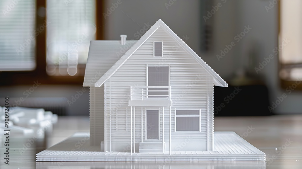 Poster Model of the house printed on a 3D printer with white filament by FDM technology for architectural use : Generative AI