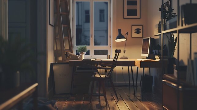 Small and modern studio apartment interior with decorative lighting wooden floor and stylish desk to work and study : Generative AI