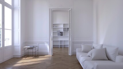 Minimalist interior of study room with parquet floor and white walls furnished with settee and table with shelf rack : Generative AI