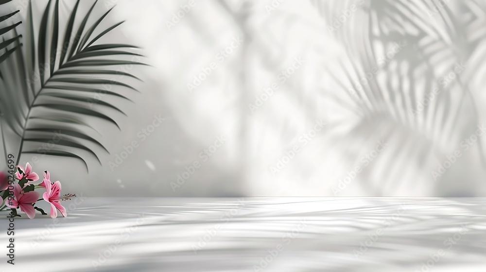 Poster Abstract white studio background for product presentation Empty room with shadows of window and flowers and palm leaves  3d room with copy space Summer concert Blurred backdrop : Generative AI