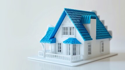 Objects printed by 3d printer Isolated on white background White house with a blue roof Progressive modern additive technology Concept of 40 industrial revolution : Generative AI