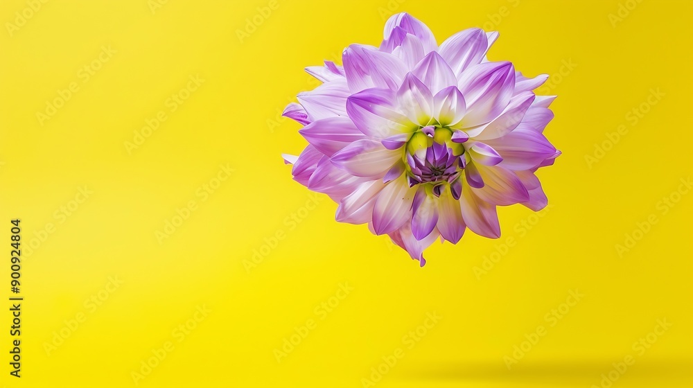 Poster beautiful fresh white and purple dahlia flower falling in the air isolated on yellow background levi