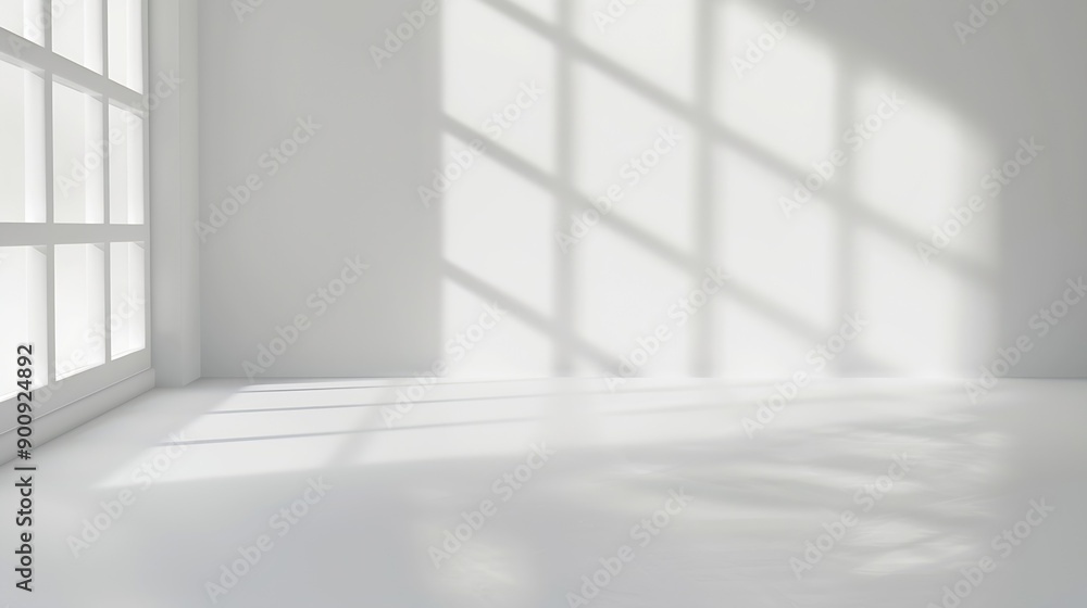 Poster Abstract white studio background for product presentation Empty gray room with shadows of window Display product with blurred backdrop : Generative AI