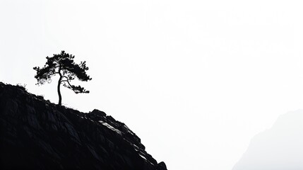 Mountain Silhouette Pine Tree Silhouette Against Overexposed SkyA lone pine tree stands in silhouette against the overexposed sky atop  blank white space : Generative AI