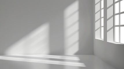 Fototapeta premium Abstract white 3d studio background for product presentation Empty gray room with shadows of window Display product with blurred backdrop Banner : Generative AI
