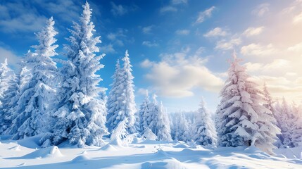 Obraz premium Snowy white trees from below against blue sky, winter panoramic background with copy-space. 