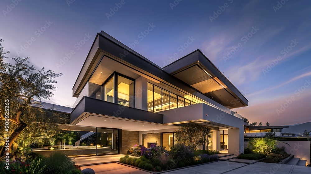 Aufkleber A modern house embodies the essence of contemporary architecture and lifestyle designed with a focus on simplicity efficiency and elegance It features clean lines open floor plans and  : Generative AI