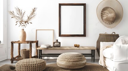 Interior design of living room with stylish pouf rattan furniture brown mock up poster frame decoration and personal accessories Home decor Template : Generative AI