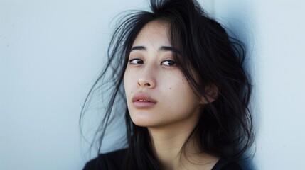 A person with long black hair leaned against a wall, perfect for use in portraits, cityscapes, or abstract compositions