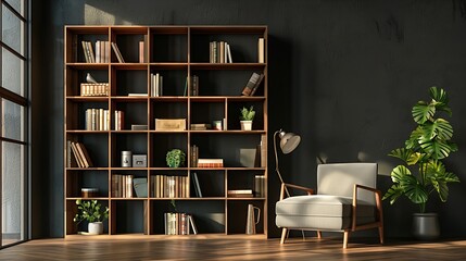 Bookcase with armchair in modern interior of room : Generative AI