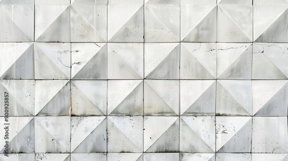 Poster Background texture of square 3d white tiles on facade Street stone cement wall with geometric rhombus pattern concrete light gray polygons Building cladding architectural masonry : Generative AI