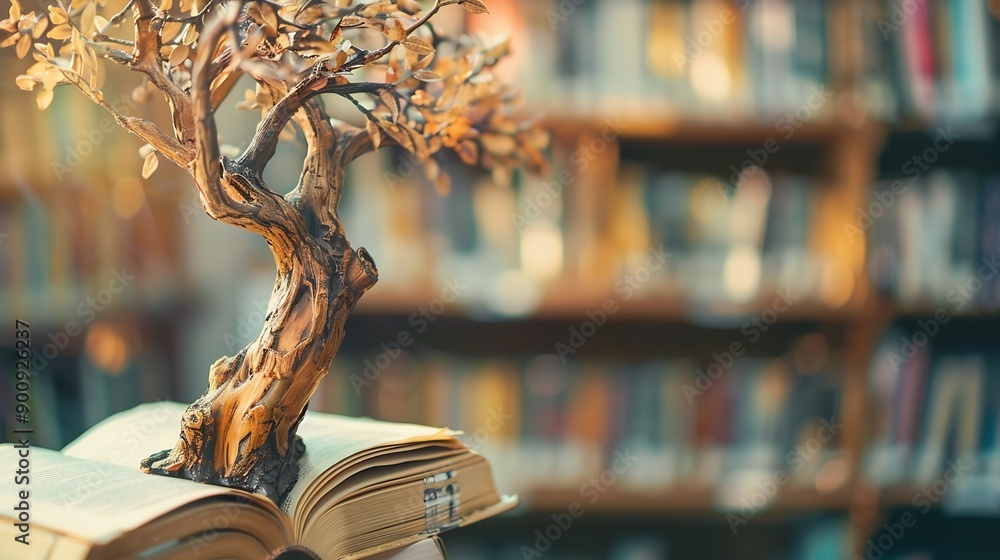 Poster Wooden tree with books on blur background of library with bookshelf Flawless : Generative AI