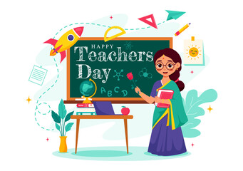 Happy Teachers Day in India Vector Illustration featuring Teacher Wearing Traditional Clothes and School Equipment in a Flat Cartoon Background