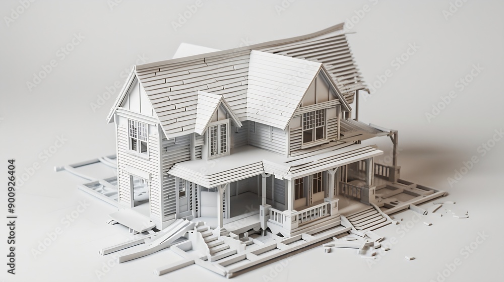 Poster Decomposed house parts floor and roof 3D model printed on a 3D printer with white filament by FDM technology for architectural use : Generative AI
