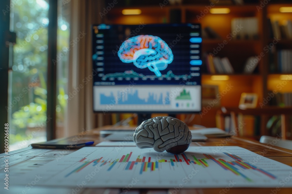 Poster Digital rendering of a brain with financial charts on a computer screen symbolizing technology and finance in a modern office setting