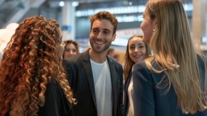 A dynamic still shot captures a businessman amidst a group of businesswomen at an exhibition, with all models frozen in motion, creating a dramatic and powerful scene.