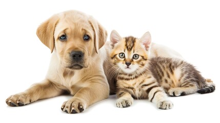 Adorable Labrador puppy and funny kitten Scottish Straight sitting together isolated on white background : Generative AI