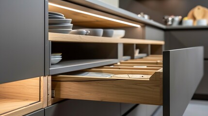 Minimalist wooden grey kitchen with handleless facades andbar table smart storage system Kitchen room organization : Generative AI